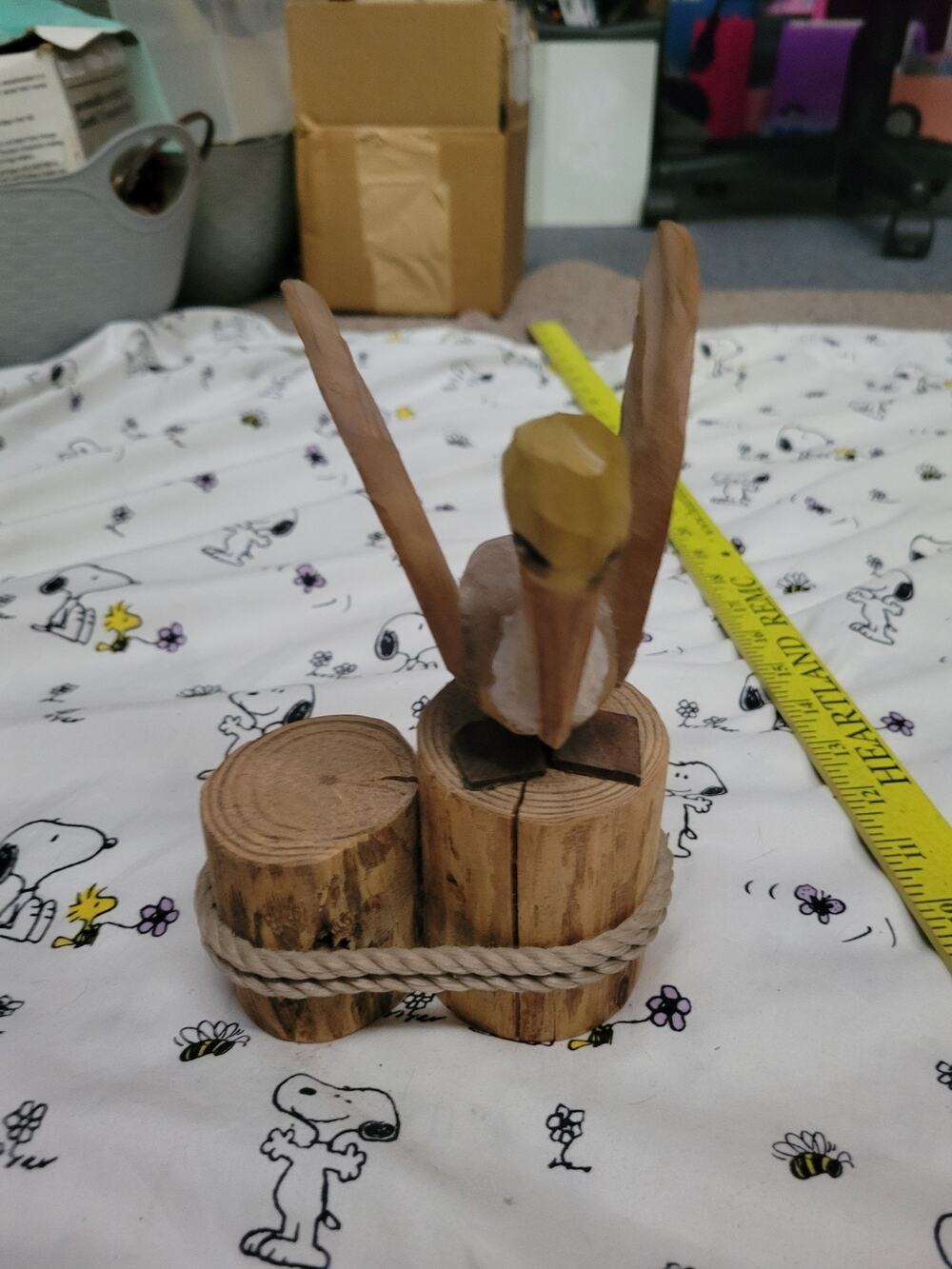 Brown Wood Carved Pelican Bird Figurine Art